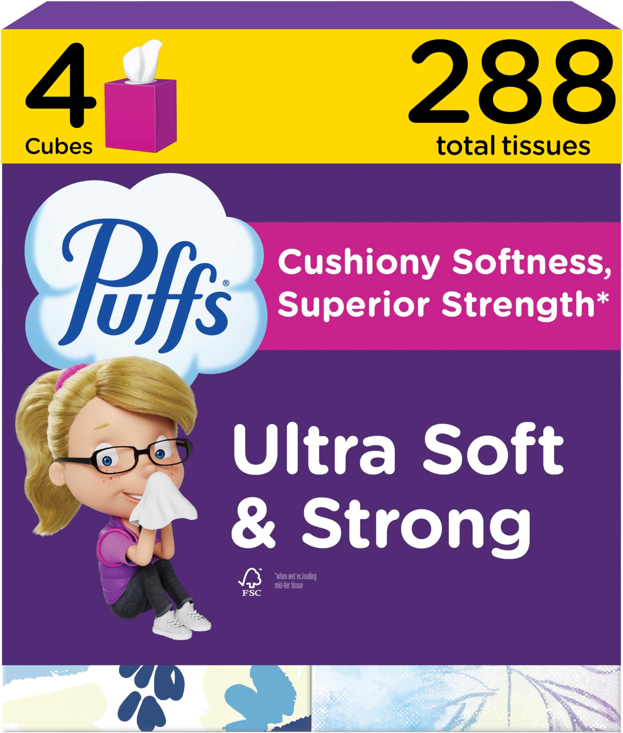 Facial Tissues Ultra Soft, 4 Mega Cube Boxes, 72 Facial Tissues per Box, Allergies and Colds (Packaging May Vary)