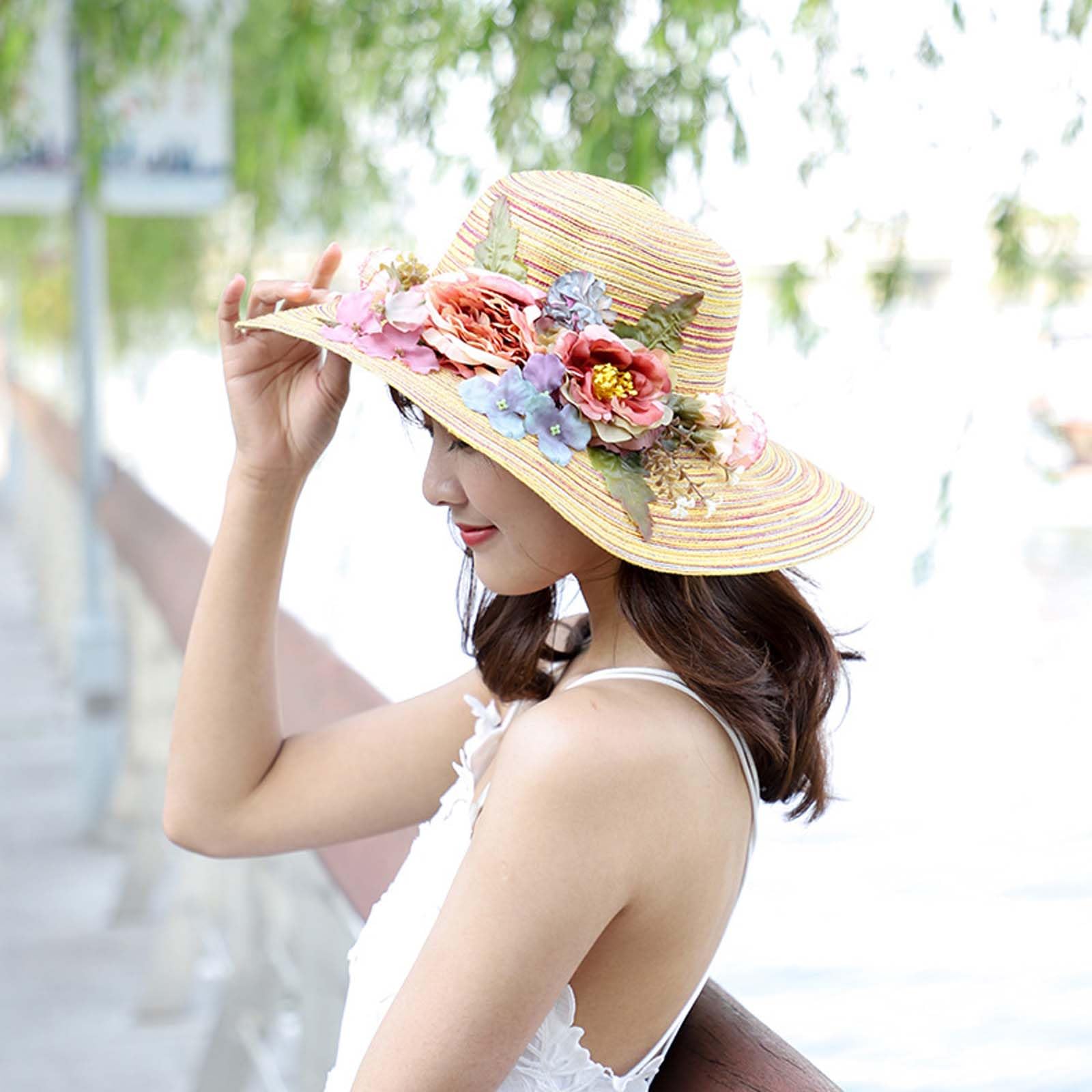 Sombrero de paja hecho a mano con flores de ganchillo para mujer, sombrero de paja de ala ancha, sombrero de paja para el sol, sombrero de sol UPF 50+ protección UV
