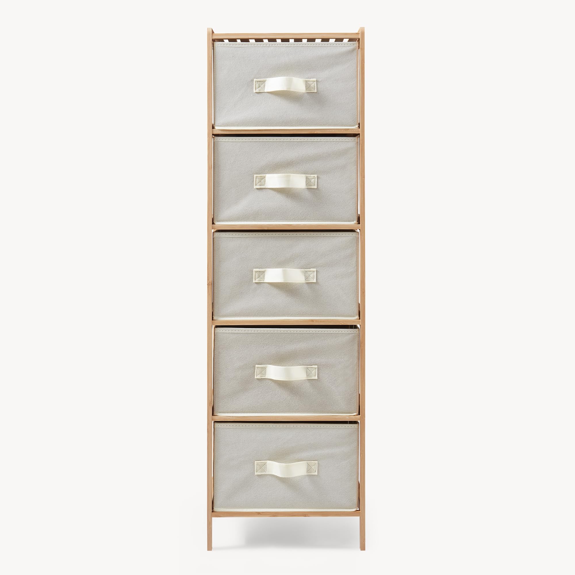 [en.casa] Kommode Maldon mit 5 Stoffschubladen Schubladenschrank 122 x 37 x 35 cm Aufbewahrungsschrank für Schlafzimmer Flur Ankleidezimmer Bambusgestell Natur/Beige