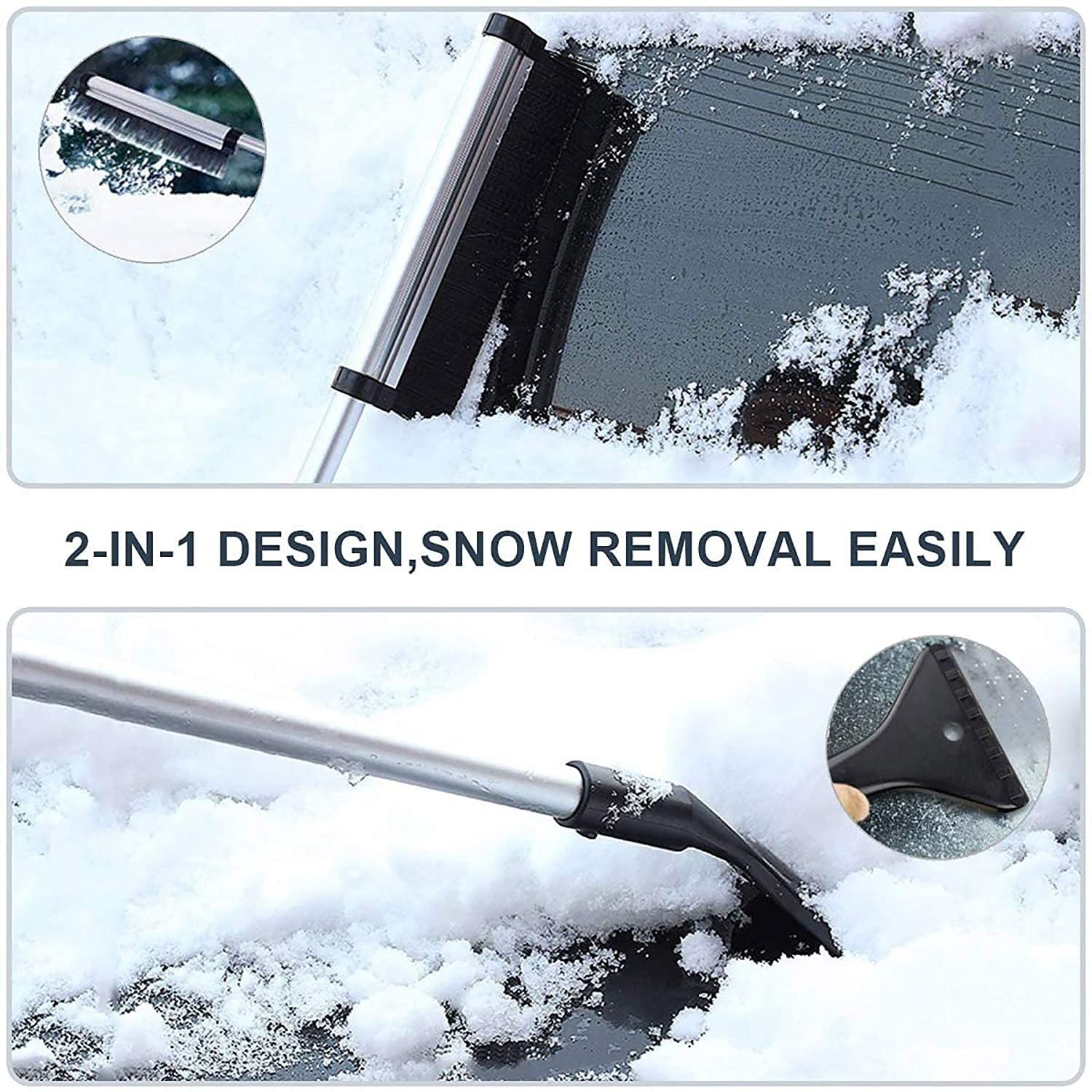 XMING Cepillo de Limpieza de Coches 2 en 1, raspador de Hielo, Pincel de Nieve, Cepillo de Nieve retráctil, raspador de Hielo y Cepillo de Nieve for automóviles, Camiones y SUBO Vs (Plata)