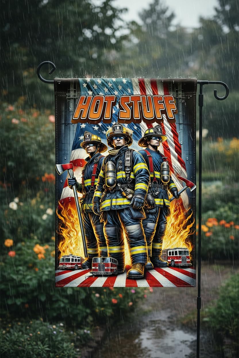 American Firefighter Garden Flag 12x18 In Doublesided Hot Stuff Rescue Scene Patriotic Outdoor Banner, Fire Prevention Week, Memorial Day & First Responders Appreciation Gift - Image 4