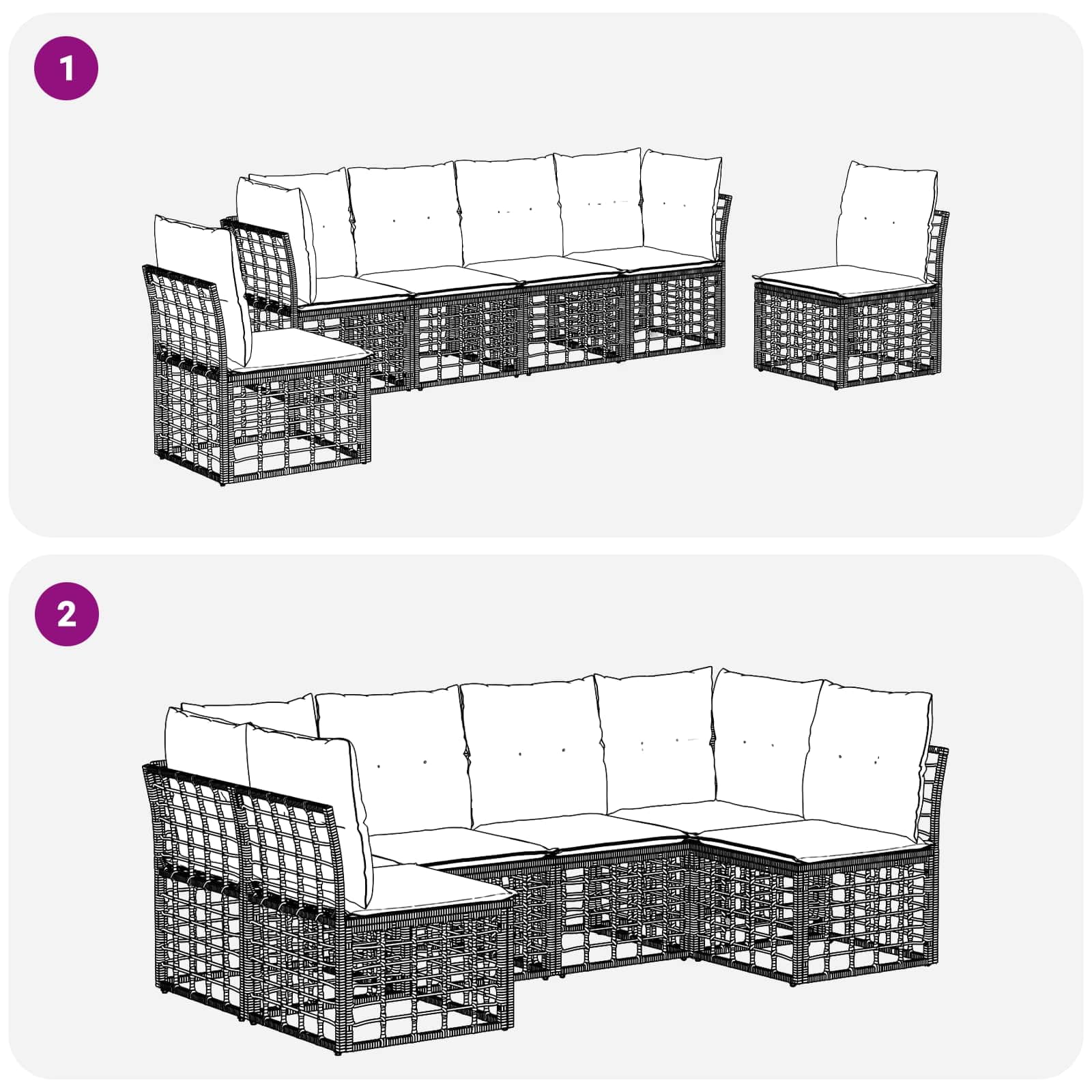 Ensemble de Canapés d'Extérieur 6 Places en Poly Rattan Naturel, Salon de Jardin Modulaire avec Coussins pour Terrasse et Balcon, Mobilier de Jardin Design et Durable
