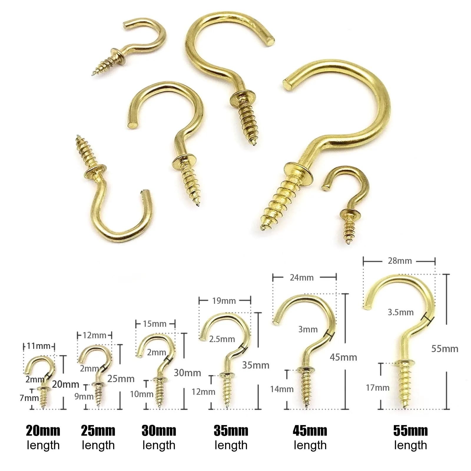Wkręcane haczyki ścienne, Haczyki wkręcane, opakowanie 100 sztuk, wielokolorowe 20-60 mm(Golden,55mm)
