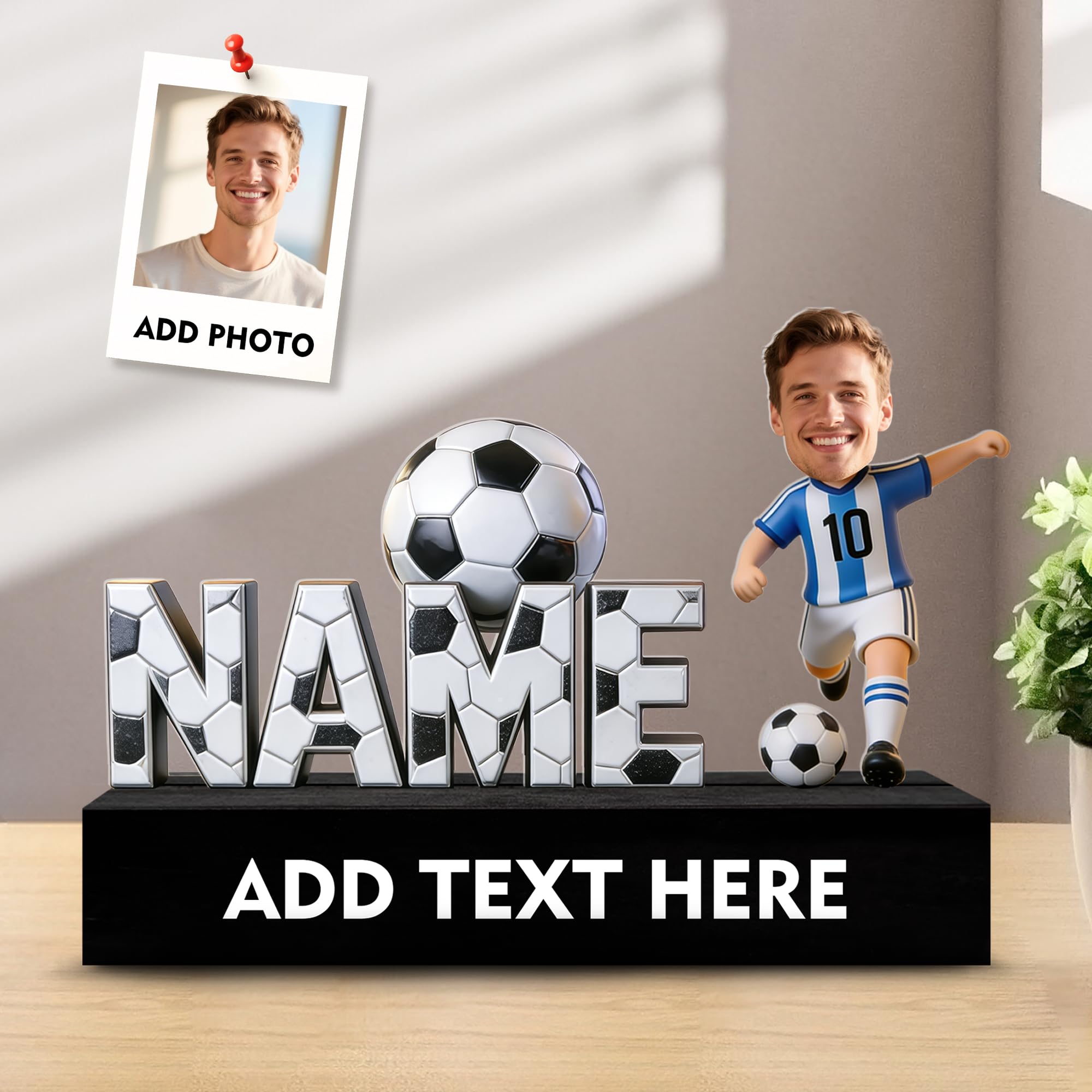 SosnSusn Personalized Soccer Ball Figurine Acrylic Desk Ornament, Custom Photo Figures Cartoon Style Name Plate for Desk Desktop Decor Plaque Home Decor Gift’s for Women Men Soccer Lovers Gift Ideas