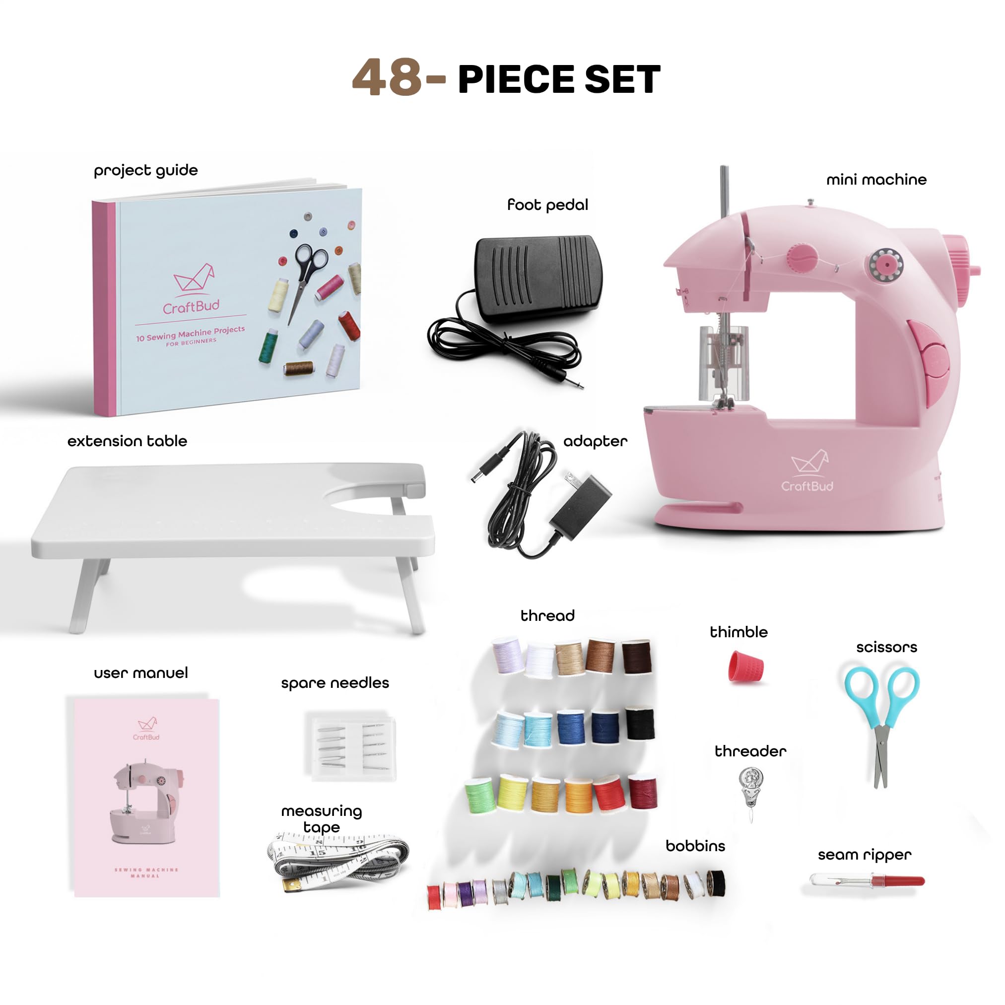 CraftBud Mini máquina de coser para principiantes, adultos y niños | Kit de costura de 48 piezas, portátil, doble velocidad, mesa de extensión, pedal de pie, luz integrada, guía y más, rosa