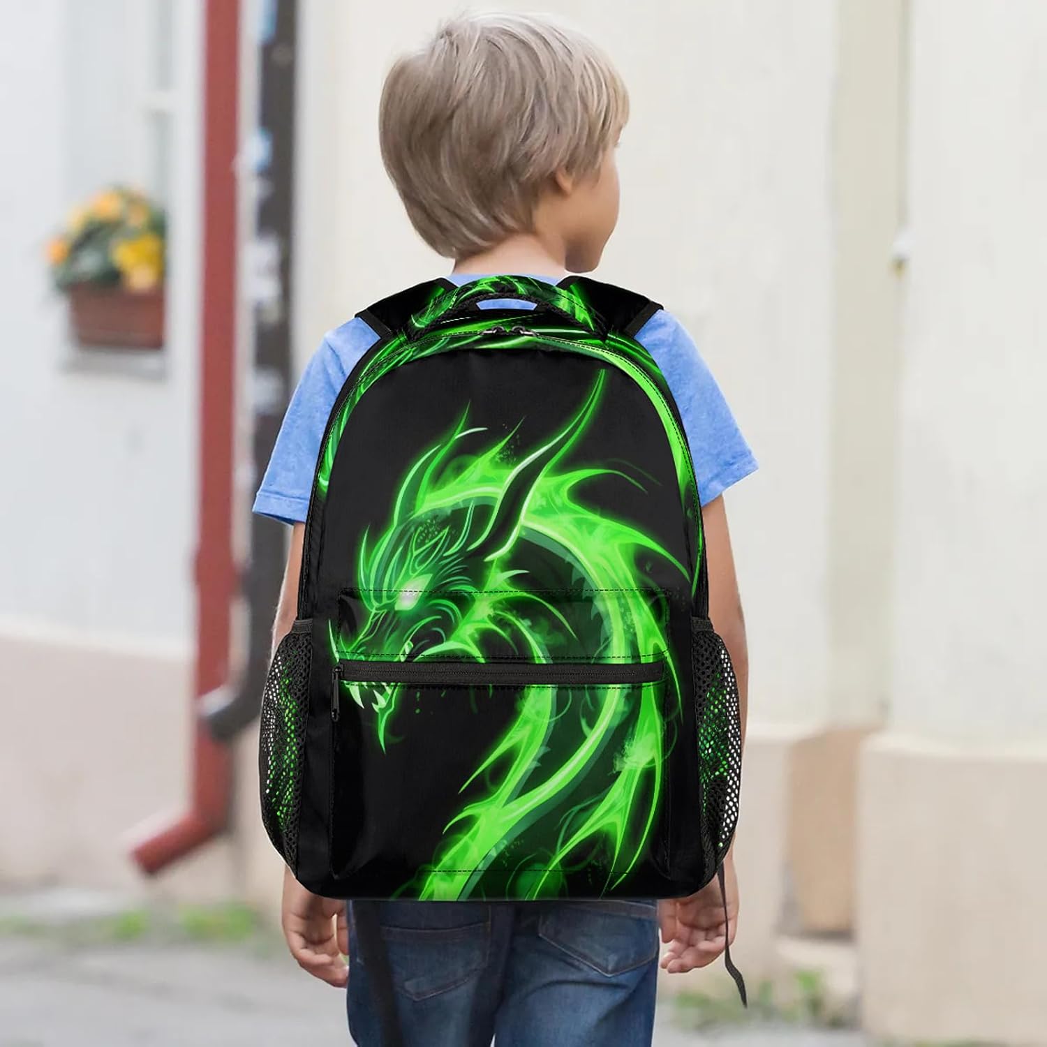 Kids Backpack for Boys - 16" Green Dragon School Backpack Lightweight Waterproof Elementary Schoolbag Kindergarten Book Bag Travel Daypack for Students