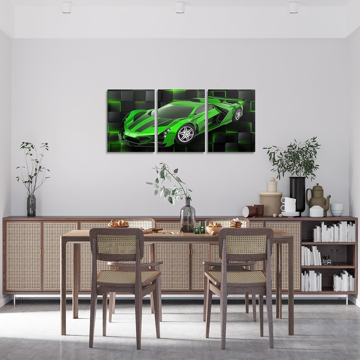 Feelyou 12"x16" 3pcs Green Race Car Modern Geometric Wall Art, Canvas Prints, Office Wall Decor