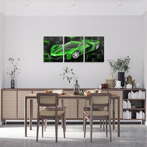 Miniatura 2 de Feelyou Cuadro verde de carreras para pared, 12 x 16 pulgadas, 3 piezas de autos deportivos de velocidad, lienzo para decoración de pared, diseño