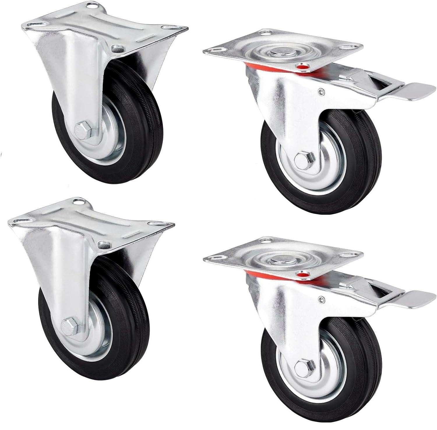SOTOOLS 4er Set Schwerlastrollen MOVEX | Ø 16 cm Gummi-Laufrolle, Höhe 19.6 cm | 2x Lenkrolle mit Bremse, 2x Bockrolle, 440 kg Traglast - Für Möbel, Werkbänke & Industrie