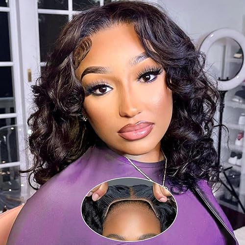 Body Wave BOB Wig Human Hair 5X5 HD Lace Closure Wavy Wigs for Black Women Glueless Wear And Go Wigs Human Hair Pre Plucked Wavy Wig 200 Density Virgin Hair 14 Inch Glueless Body Wave Bob