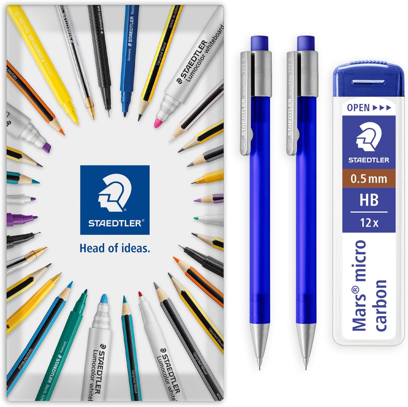 STAEDTLER 2x Blue Graphite 777 Mechanical Pencils & 12 0.5mm HB Micro Leads