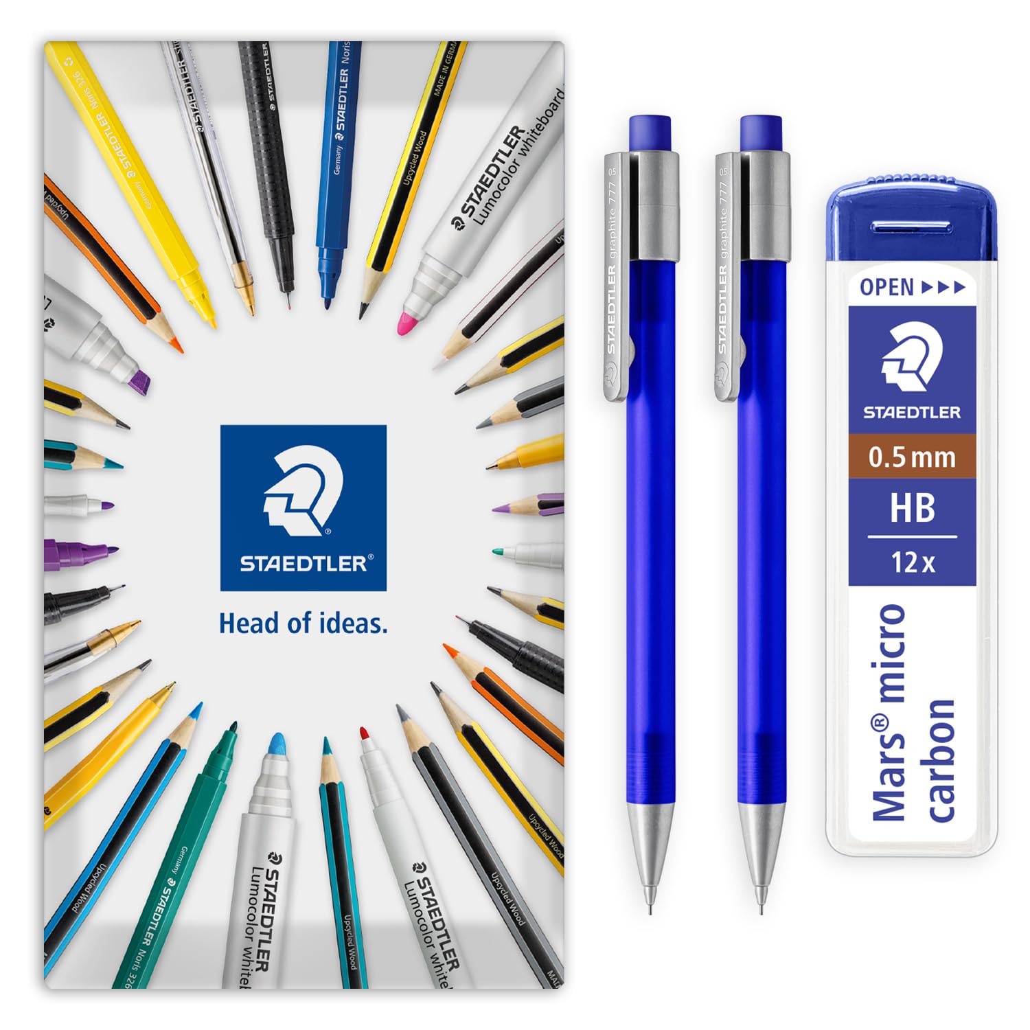 STAEDTLER 2x Blue Graphite 777 Mechanical Pencils & 12 0.5mm HB Micro Leads