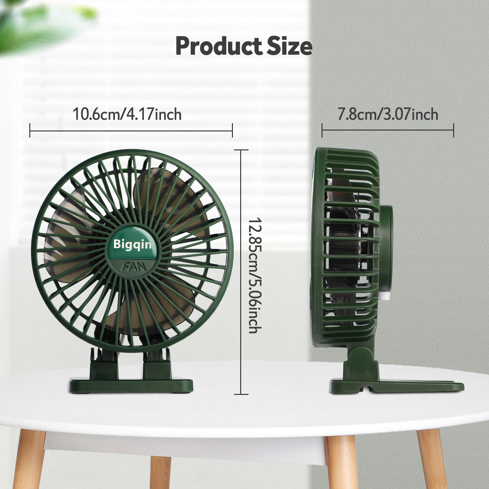 Bigqin Mini Ventilatore Portatile, Ventola Silenziosa USB, 3 velocità in un Pulsante, Piccolo Ventilatore Potente, Mini Ventilatore ad Angolo Regolabile per Tavolo da Ufficio,Verde Militare