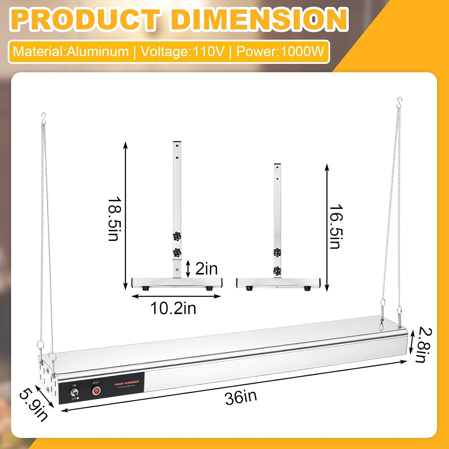 36 inch food heat lamp, commercial food warmer electric heating lamp overhead, hanging & freestanding dual-use heat lamps for restaurant buffet catering kitchen 1000w 110v
