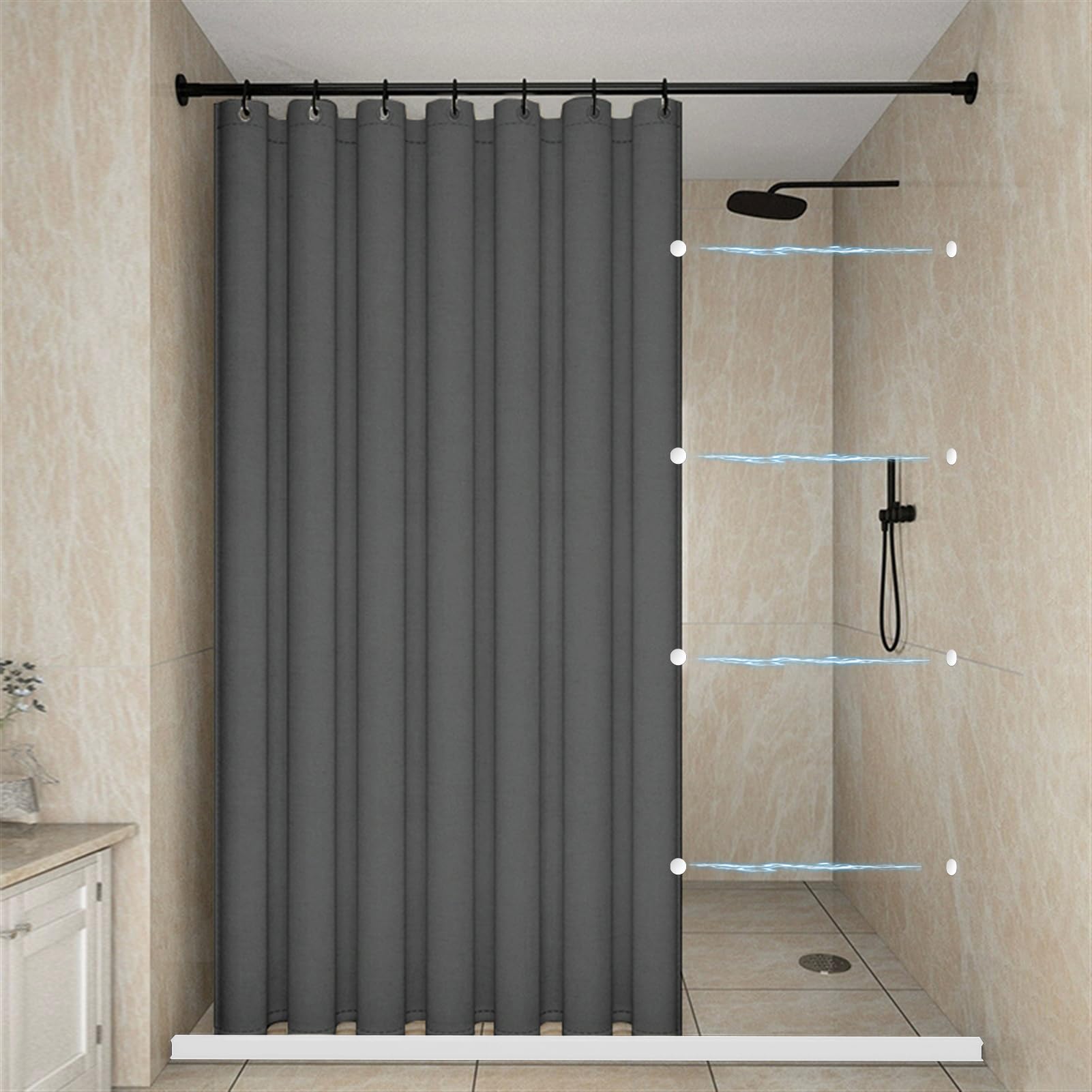 Cortina de Ducha Magnética Antimoho Impermeable con Presa de Agua para Ducha, Cortinas de Ducha de Tela Lavables de Alta Resistencia para Baño, 230g/m², Gris, 80x180cm