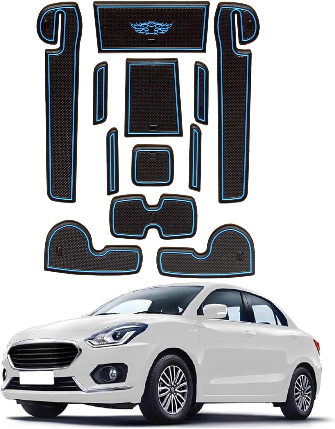 Car Drome Rubber The Mat Store Door Cup Mats | Maruti Suzuki Swift Dzire for Model Year from 2018 Onwards | Premium Decorative Stylish Car Interior Accessories | Set of 11 Mats | Blue Trim