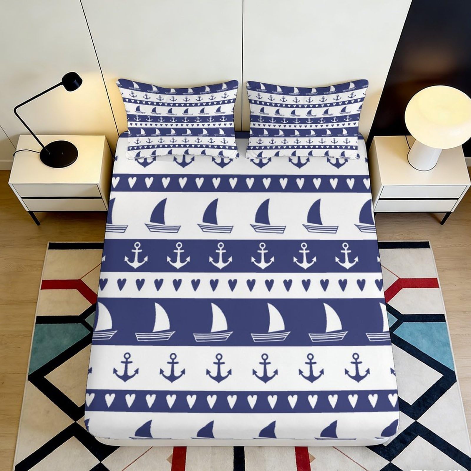 3D Printed Nautical Anchor Fitted Sheet Microfiber Soft Durable Sailboat Bed Cover for Bedroom Dormitory Guest Room Mattress Protection Decor 180x200x25cm