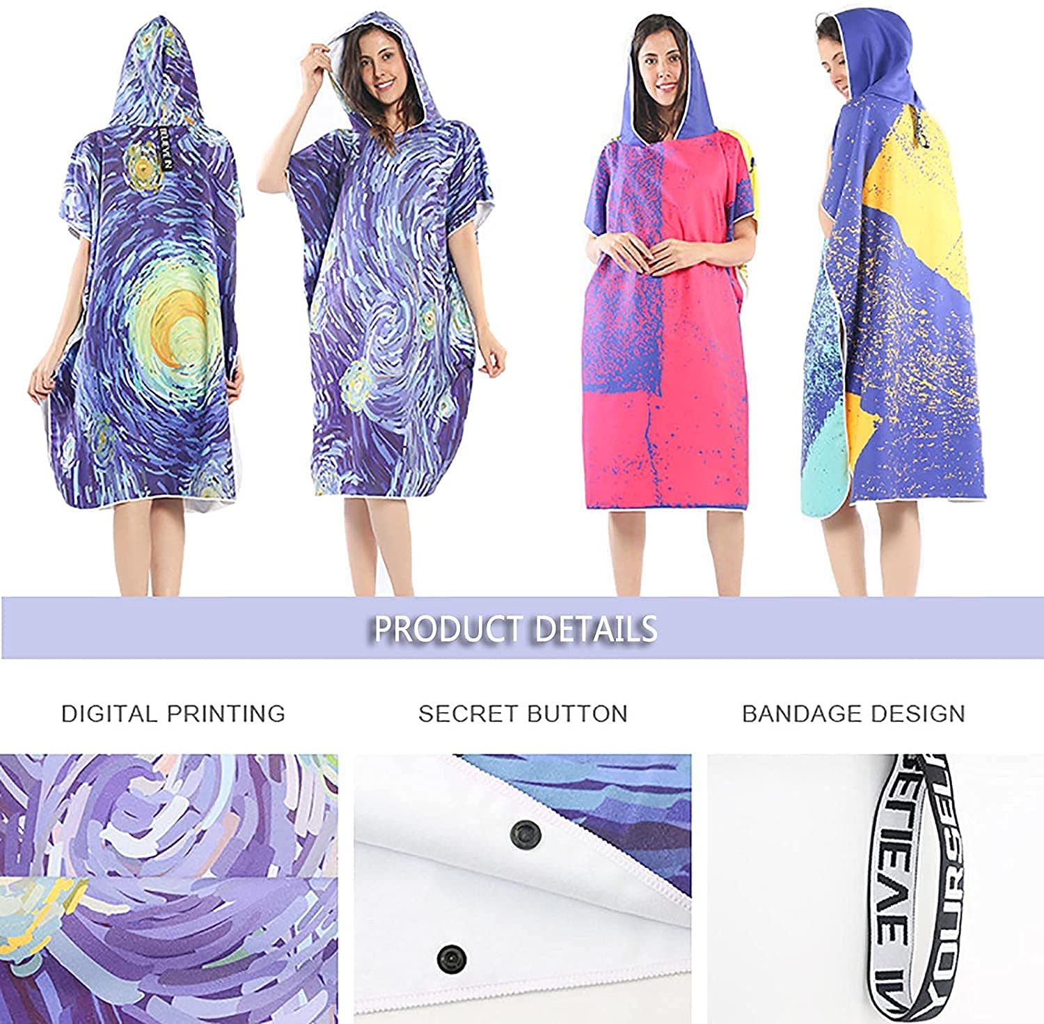 Poncho De Surf Serviette Poncho Poncho de surf Peignoir à langer avec capuche et bouton caché en microfibre Poncho de serviette chaude et légère pour hommes adultes, femmes, équipement de sports