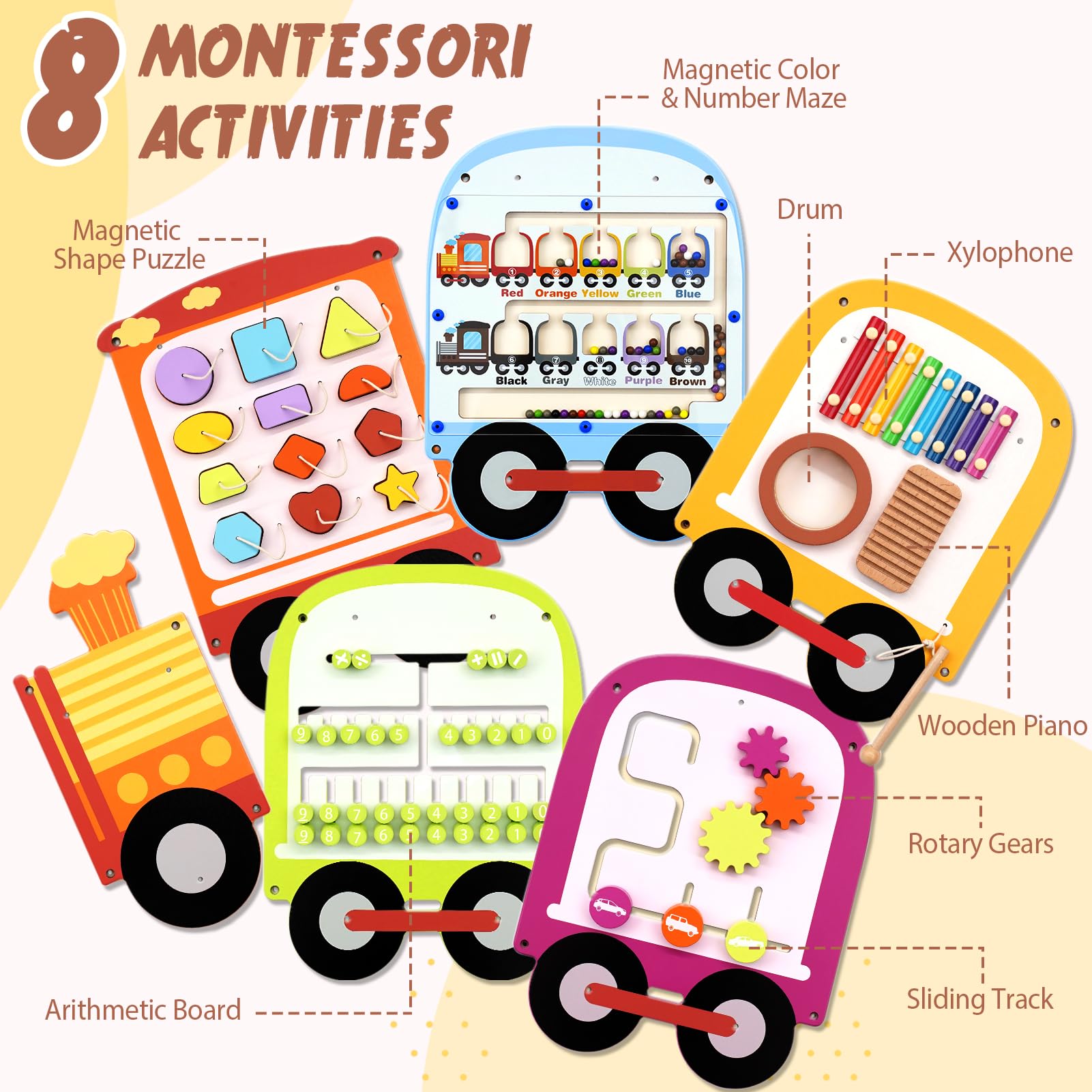 Joyreal Wooden Busy Board Train Activity Wall Panels - Montessori Sensory Wall Toys for Toddlers - Learning Activity Center for Playroom & Daycare Decor - Educational Toy Gift for Boys and Girls 18 M+