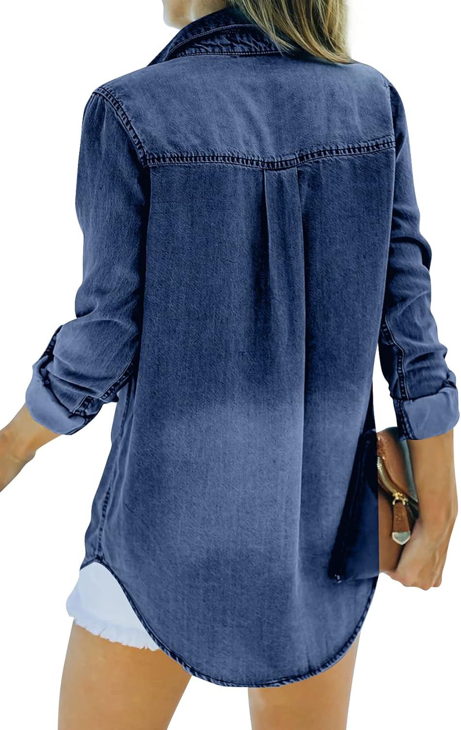 Runcati Womens Button Down Denim Shirt Long Sleeve Roll Up Casual Oversized Jean Shirt Jacket Distressed Tunic Tops - Image 3