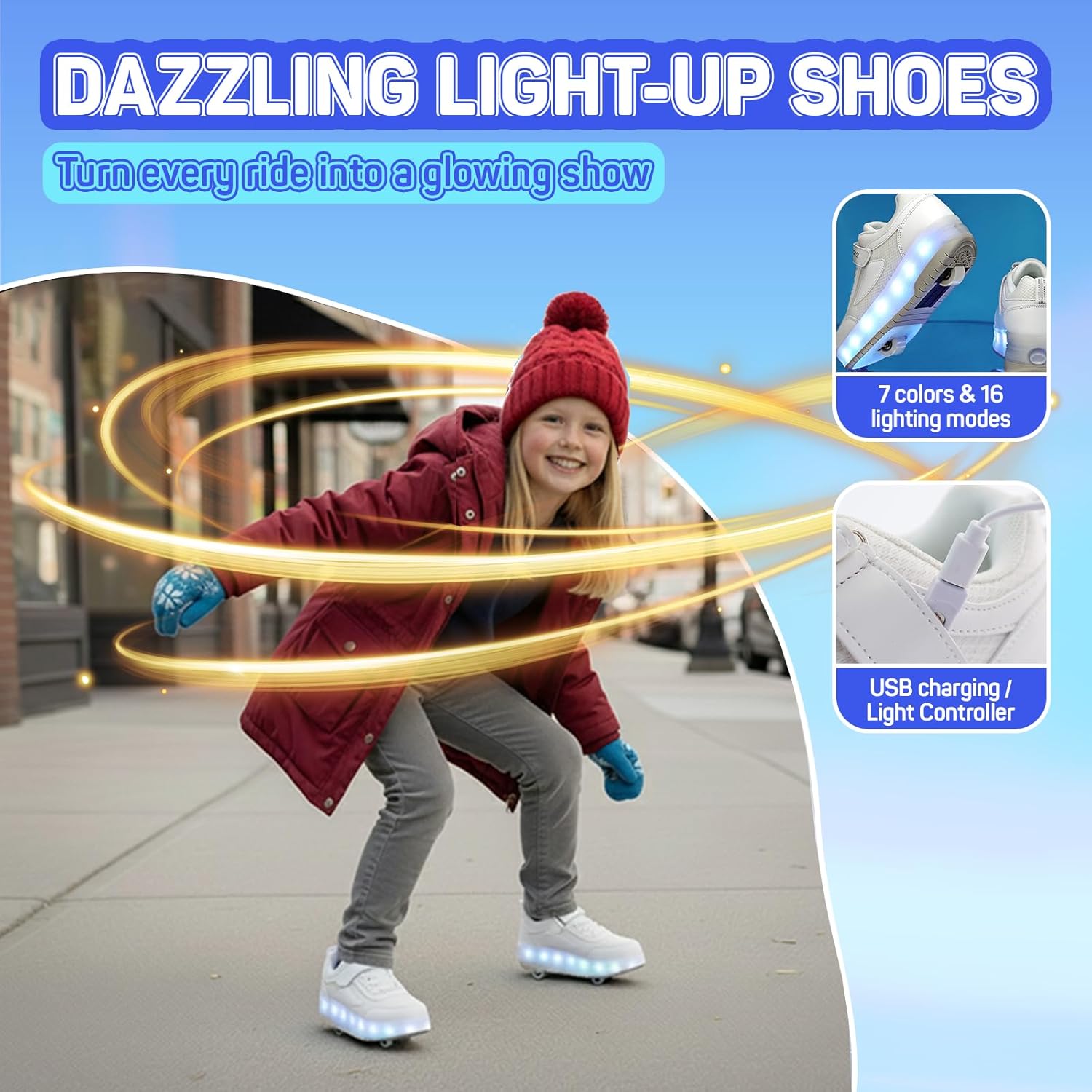 Kids Shoes with Wheels - 4 in 1 Light-Up Roller Shoes with USB Rechargeable LED Sneakers for School Christmas Party Gifts