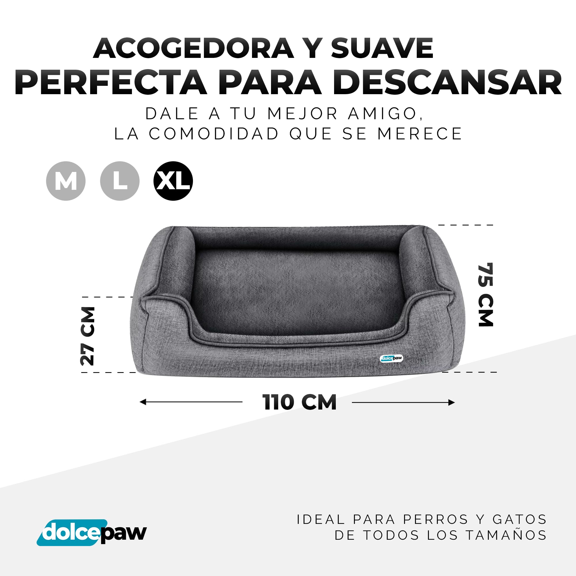 Cama para Perros con Funda Extraíble Lavable y Antideslizante, Cama para Perros y Gatos con Bordes Altos y Suaves, Máximo Confort, Ideal para Mascotas Grandes y Pequeñas