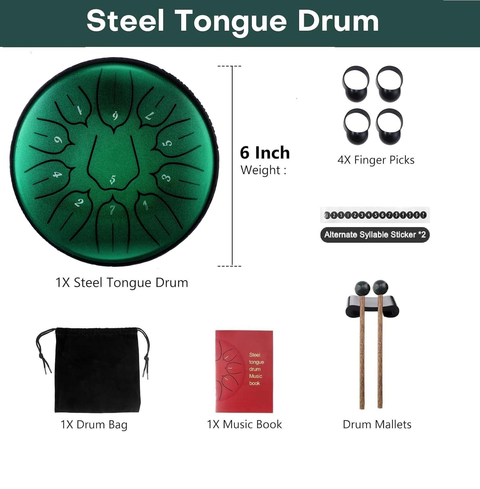 Zungentrommel Steel Tongue Drum Satz, 6 Zoll 11 Tone D-Dur Tongue Drum, Stahlzungentrommel Handpan Steel Drum mit Trommeltasche für Meditation, Klangheilung (Grün)