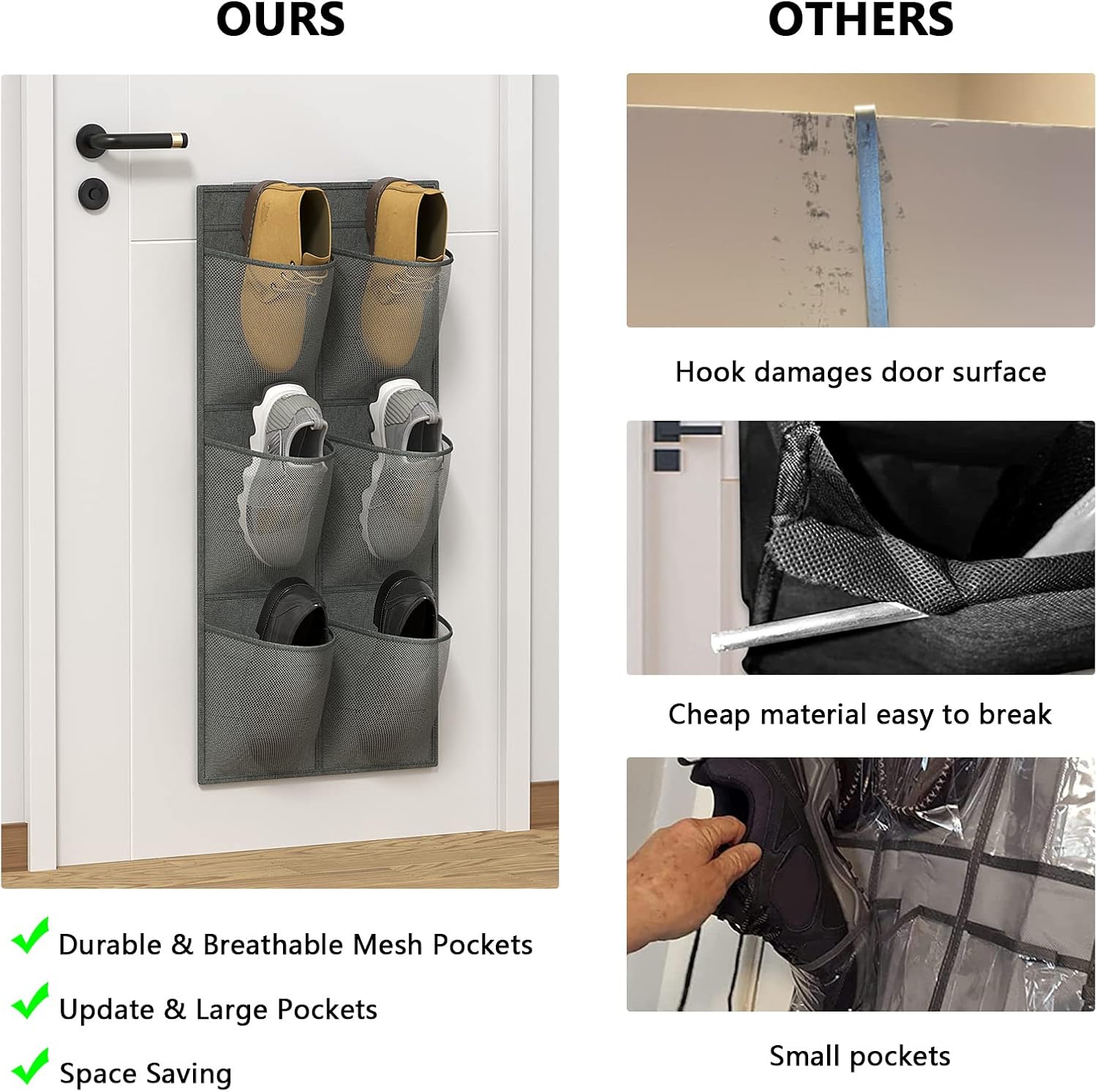 2 Pack RV Shoes Storage, 12 Large Mesh Pockets Closet Door Hanging Shoe Rack Organizer Narrow Shoe Holder, Wall Mounted Shoes Rack with Sticky Mounts for Camper - Image 4