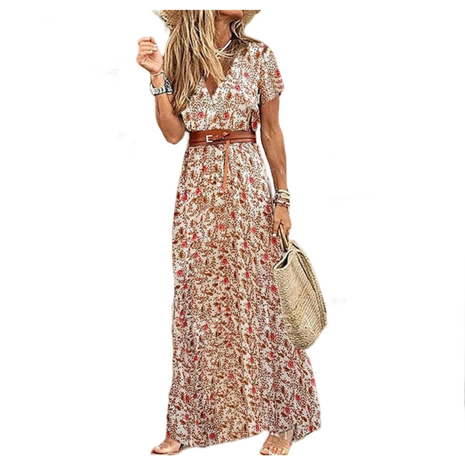 Gonna Lunga Abito Lungo per Donne Summer Beach Abiti Bohémien, Abiti da Veste Casual con Gonna Floreale-Khaki-m