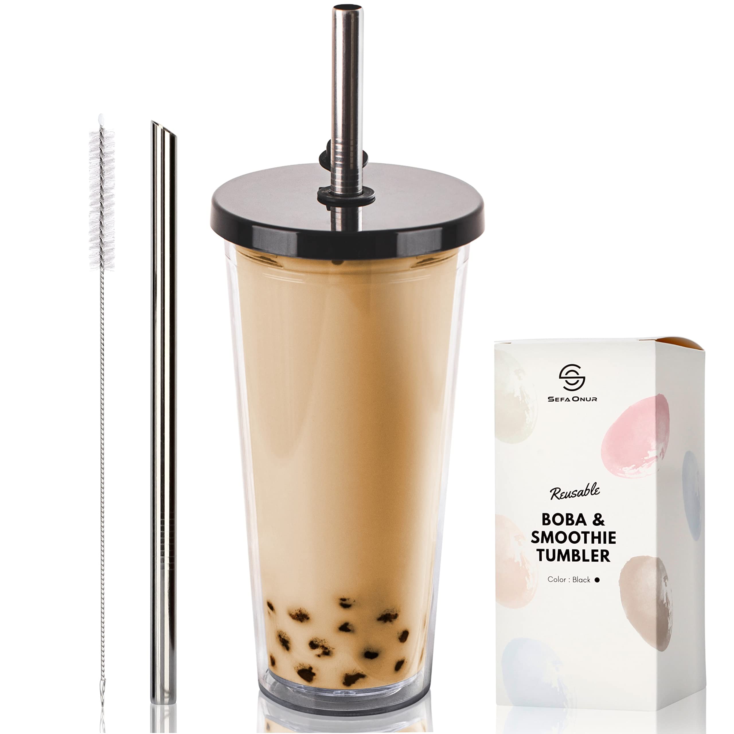 24 Oz Reusable Boba Cup, Smoothie Cup, Double Wall Insulated, Bubble Tea Cup, Reusable Boba