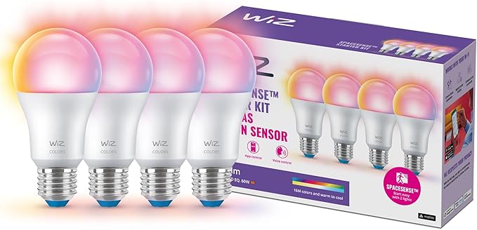 WiZ - Bombilla LED inteligente, Casquillo E27 7W (Eq.60) 806 lúmens, Luz Blanca y de Colores, Compatible con Alexa, Google Home, tecnología SpaceSense y Matter - Pack de 4