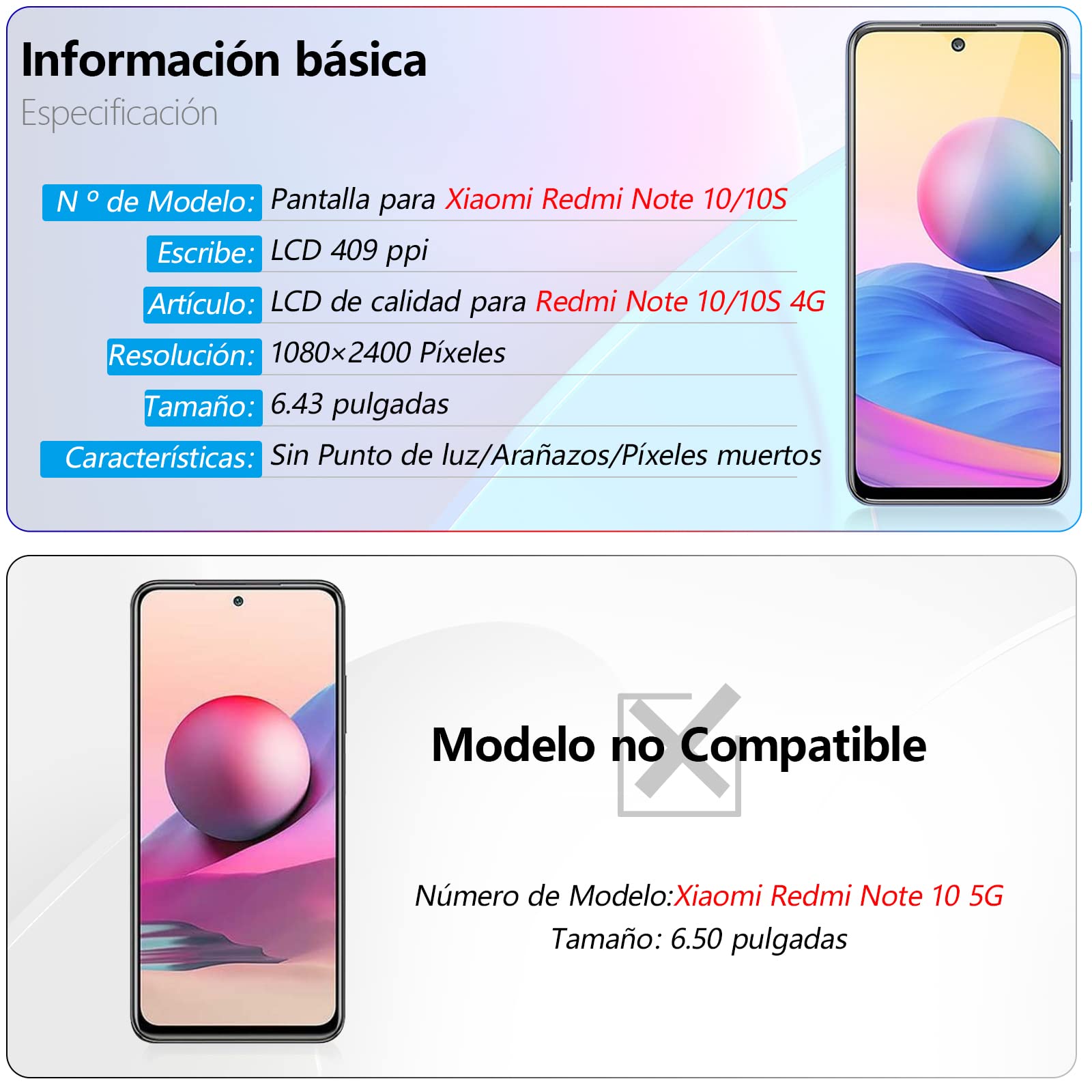 RongZy para Xiaomi Redmi Note 10/Note 10s 4G LCD+Pantalla Táctil Digitalizador Asamblea Reemplazo +Reparación Herramientas(Negro con Marco)