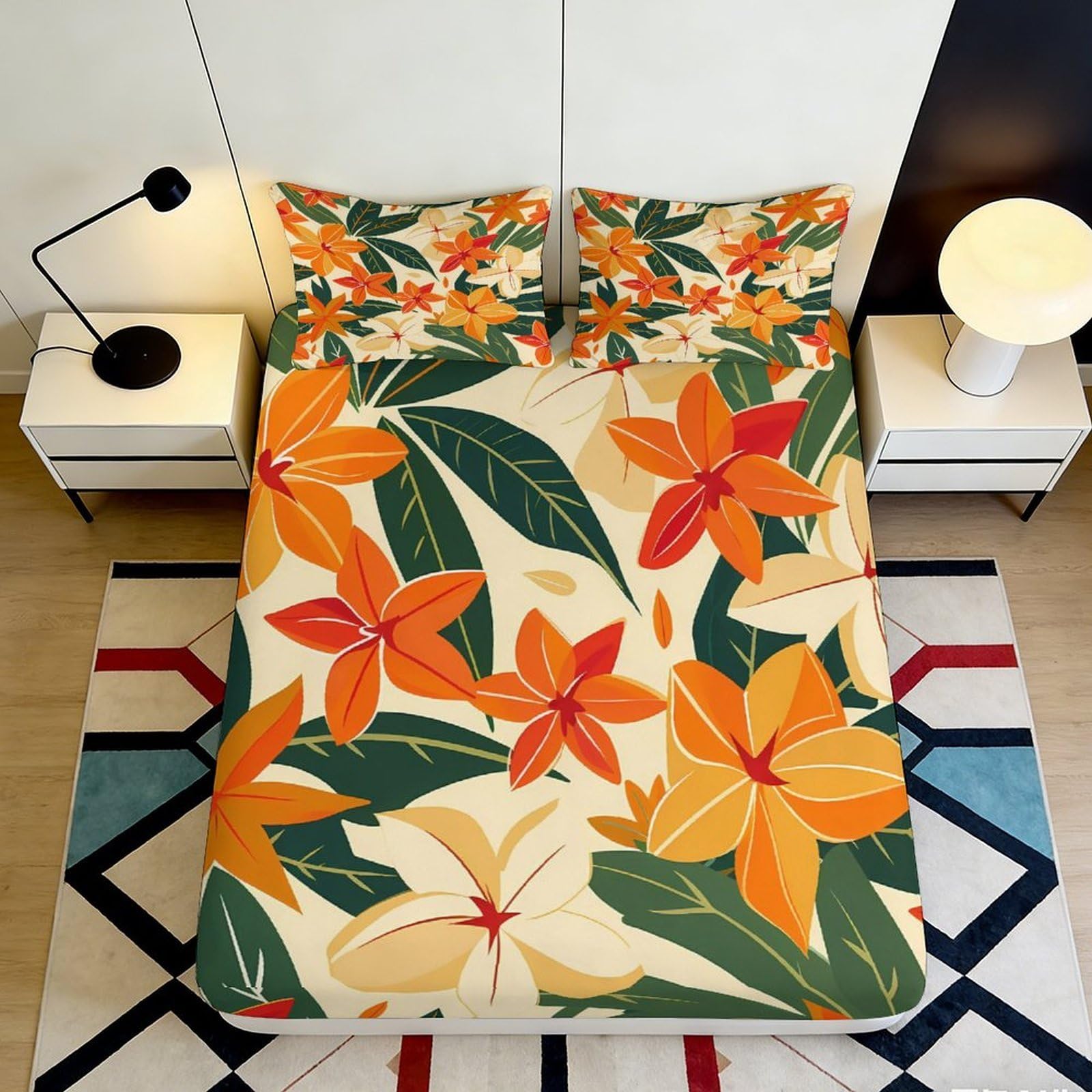 3D Printed Tropical Flowers Fitted Sheet Microfiber Deep Pocket Non-Slip Tropical Flowers Mattress Fitted Cover for Bedroom 200x200x25cm 90x200x25cm