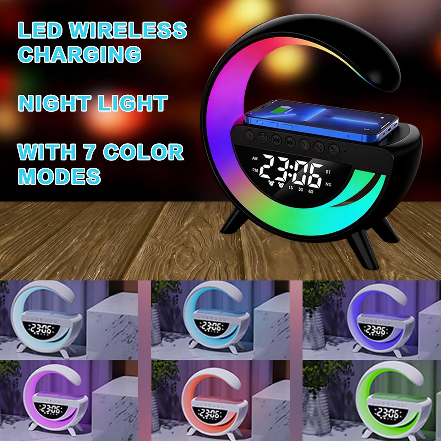 15W Wireless Charging Ambient Light Bluetooth Speaker Alarm Clock Multifunctional G-Type Colorful Bedroom Light Desktop Creative Ornament (Black)