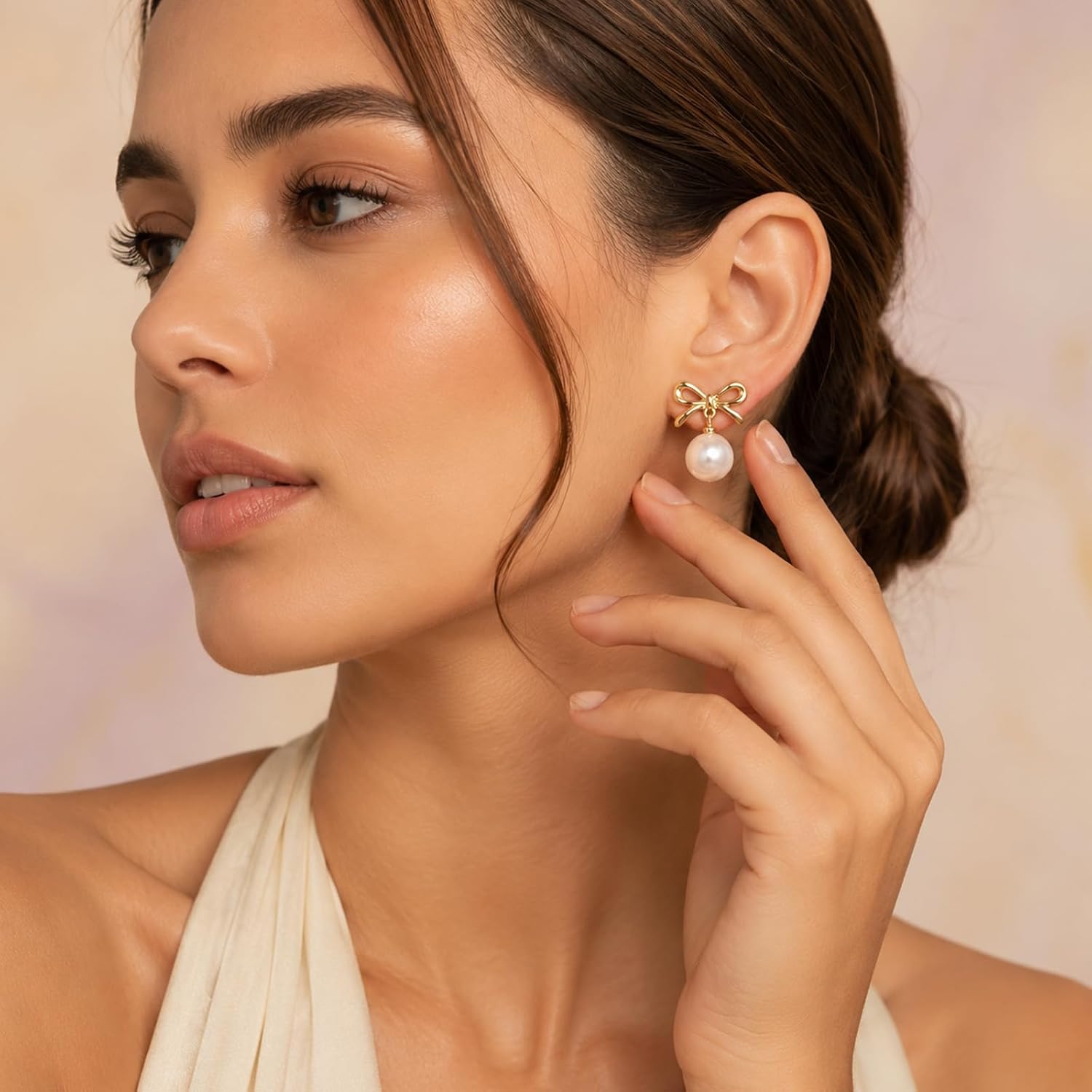 Clip On Pearl Earrings for Women, Gold Bow Pearl Drop Earrings Lightweight Non Piercing Hoop Ear Clips for Bridal Women Gifts