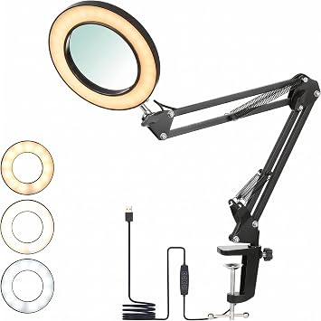Tomshine Magnifying Desk Lamp with Clamp, 8X Magnifier Lamps 3 Colors & 10 Brightness Dimmable Magnifying Glass Led Lamp, 19 Inch Adjustable Swivel Arm Lamp Craft Light