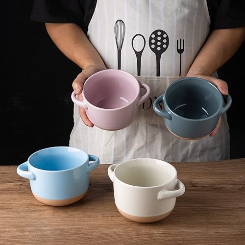 Miniatura 7 de AmorArc Juego de 2 cuencos de sopa de 24 onzas con asas grandes y tapas, cuencos de cerámica para sopa, cereales, guisos, fideos, coloridos cuencos