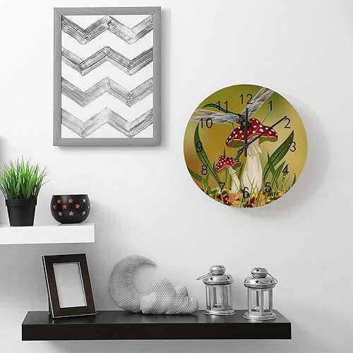 Miniatura 3 de Kuizee Reloj de pared de madera, silencioso, sin tictac, libélula, hongos, bosque, funciona con pilas, sin marco, decoración sin marco, para el