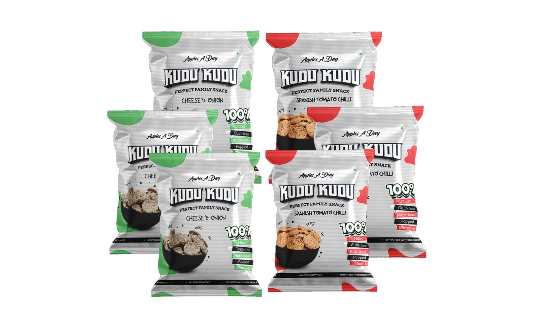 Apples A Day - Kudu Kudu - Multi Millet Popped Chips | Combo of Cheese N Onion and Spanish Tomato Chilli| Gluten Free tasty new snack| Only Popped Not Fried No Maida | Snack for School | Work from home |Tiffin and Travel-Friendly |240 gms | Pack of 24 (24X10)