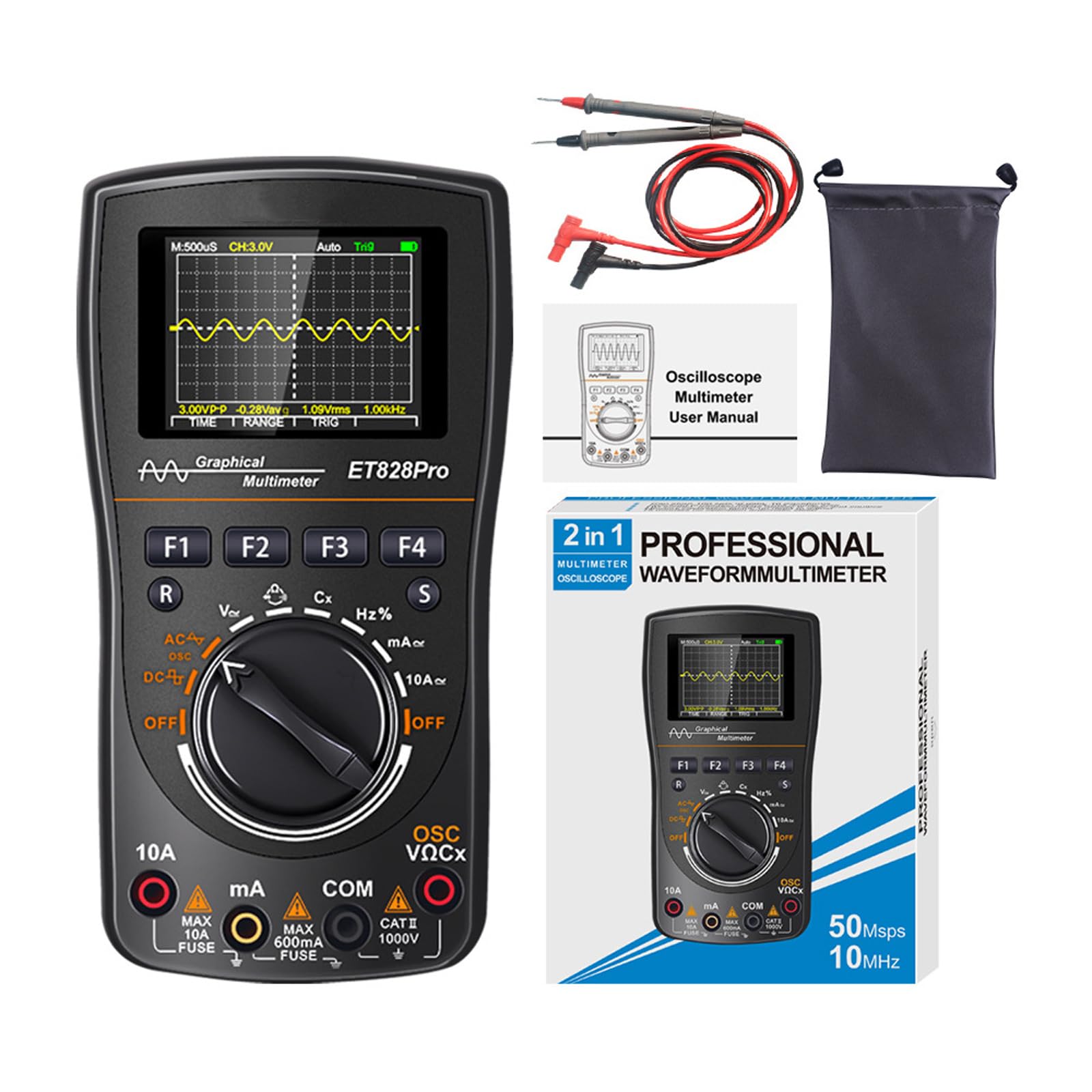 Digital Oscilloscope Multimeter ET828Pro 6000 Counts with 10MHz Bandwidth and 50Msps Sampling Rate for Electronics Testing Digital Storage Oscilloscope Meter