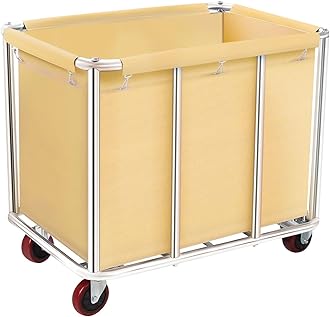 Commercial Laundry Cart with Wheels, 11.35 Bushel Large Laundry Tumbler with Removable Waterproof Canvas Lined Basket, Heavy Duty Stainless Steel Laundry Basket for Hotels and Hospitals