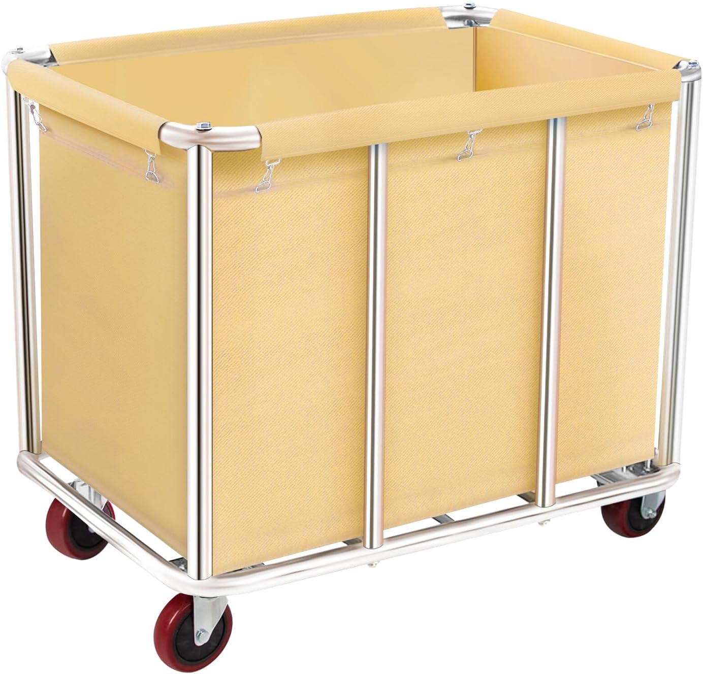 Commercial Laundry Cart with Wheels, 11.35 Bushel Large Laundry Tumbler with Removable Waterproof Canvas Lined Basket, Heavy Duty Stainless Steel Laundry Basket for Hotels and Hospitals