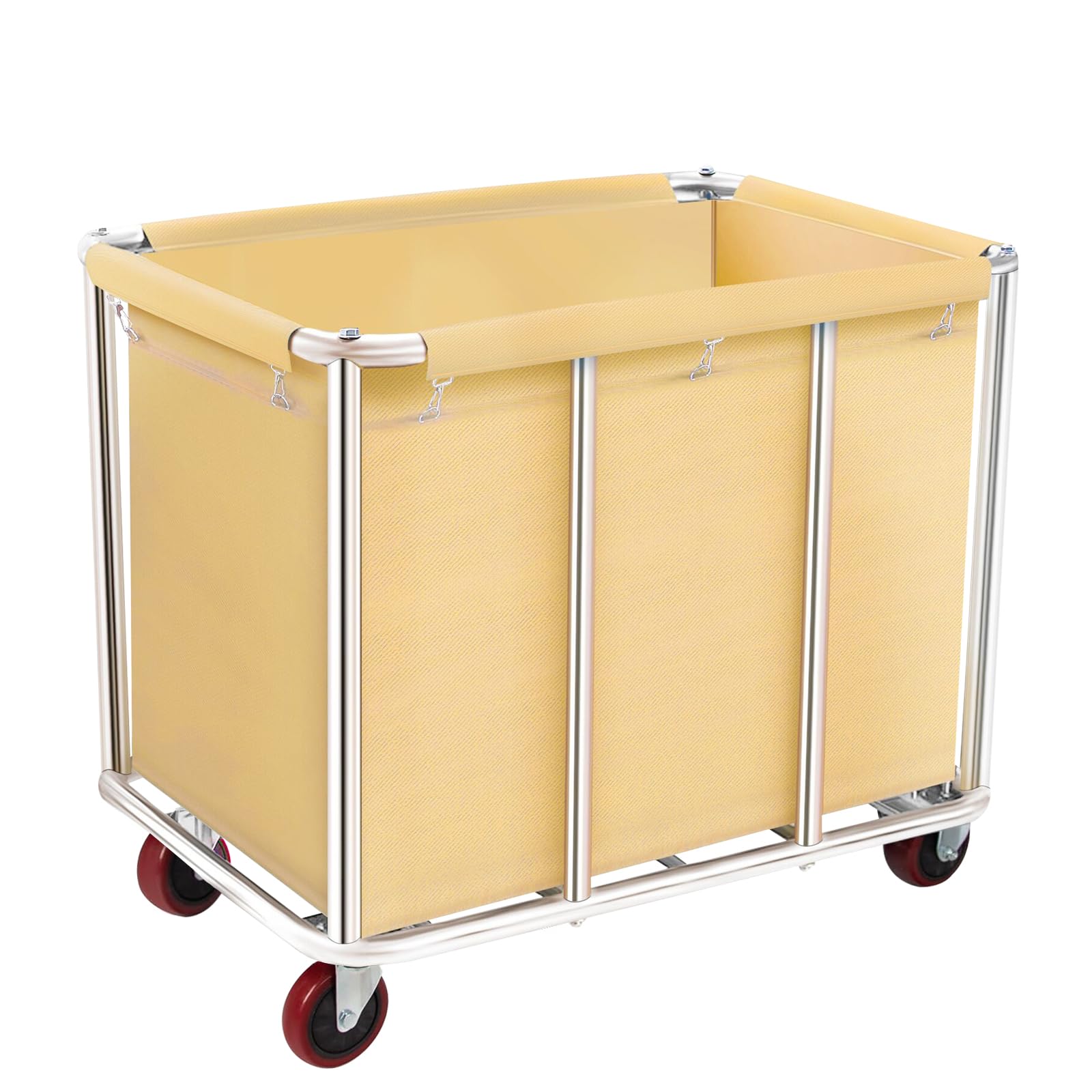 Commercial Laundry Cart with Wheels, 11.35 Bushel Large Laundry Tumbler with Removable Waterproof Canvas Lined Basket, Heavy Duty Stainless Steel Laundry Basket for Hotels and Hospitals