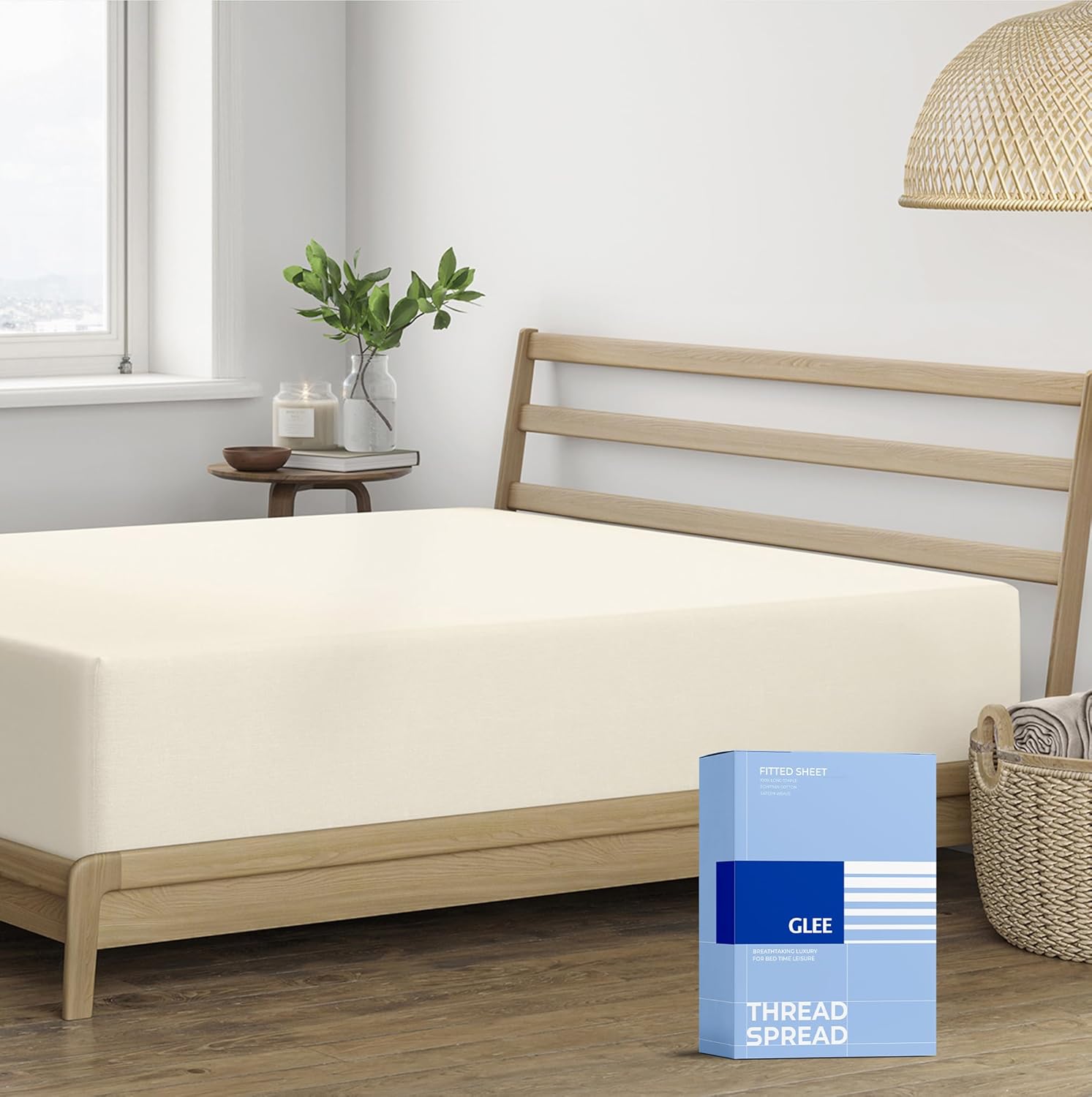 Thread Spread 100% Cotton Queen Fitted Sheet Only - 400 Series Glee Collection Cotton Fitted Sheet Queen, Soft, Durable, Cooling 16" Deep Pocket Sateen Bottom, Luxury Hotel Quality - Ivory