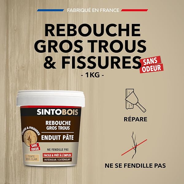 SINTO - Reboucher les gros trous - Mastic - Prêt à l'emploi - Poncer et peindre - Intérieur et extérieur - S'utilise comme un mastic - Ne se fissure pas - Technique professionnelle - 1 Kg - 2