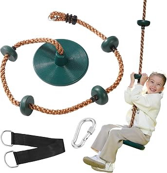 Climbing Rope Disc Swing for Kids Outdoor Heavy Duty Tree Swings with Non-Slip Platform & Adjustable Rope, Swing Seat for Backyard and Outdoor Fun Includes Carabiner & Strap