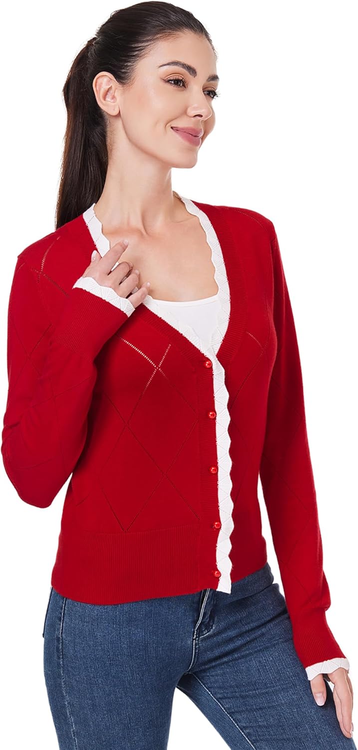 AmélieBoutik Women Lightweight Button Down Long Sleeve Casual V Neck Color Trim Soft Knit Fall Cardigan Sweater Tops - Image 3