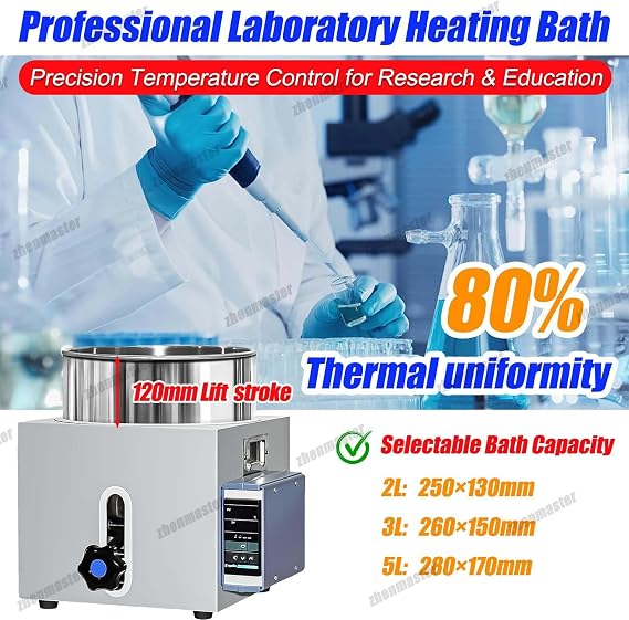 Lab Digital Constant Temperature Water Oil Bath, 2/3/5L Stainless Steel Heating Device for Chemistry, Engineering, Pharmaceuticals