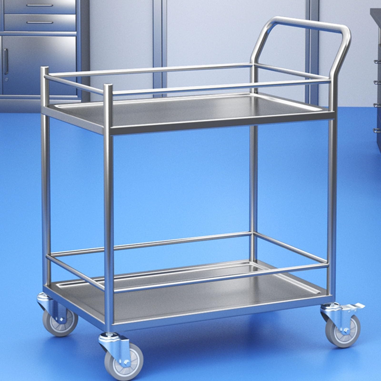 Laborwagen aus Edelstahl, 2-stöckig, mit leisen Universalrädern und erhöhten Eds, 201,6 x 40 cm, ideal für Labore und s