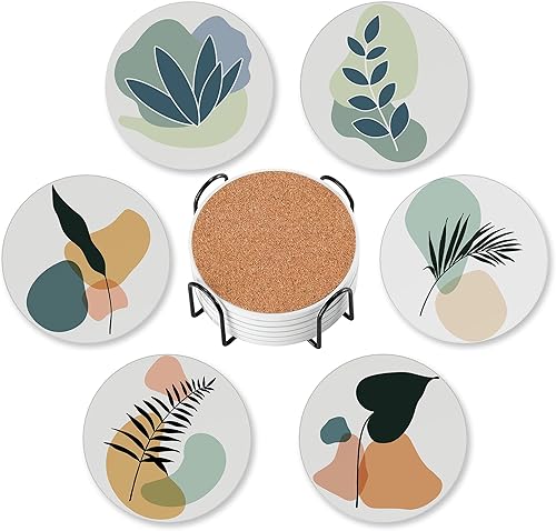 Miniatura 16 de 6 piezas de posavasos con soporte, posavasos redondos absorbentes de flores botánicas de cerámica para protección de mesa, para tazas de café,